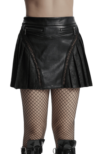 Custom Pleated Faux Leather Skirt with Mesh and Zipper Trim